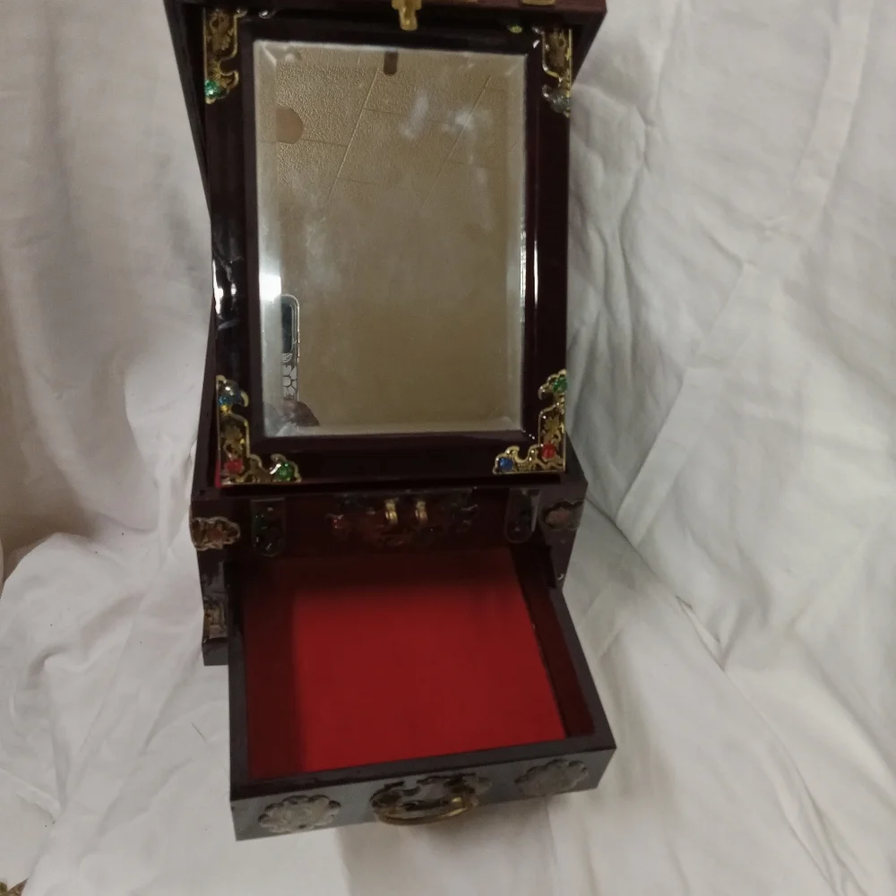 Vintage Asian Style Wooden Jewelry Box with Beveled Mirror